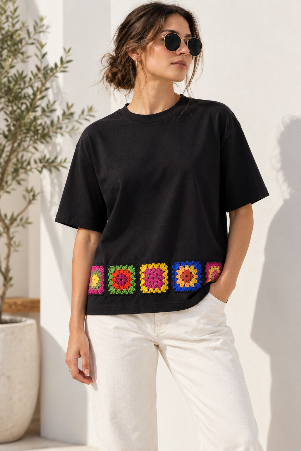 Women’s Crochet Granny Square T-Shirt Multi Color | HH Signature