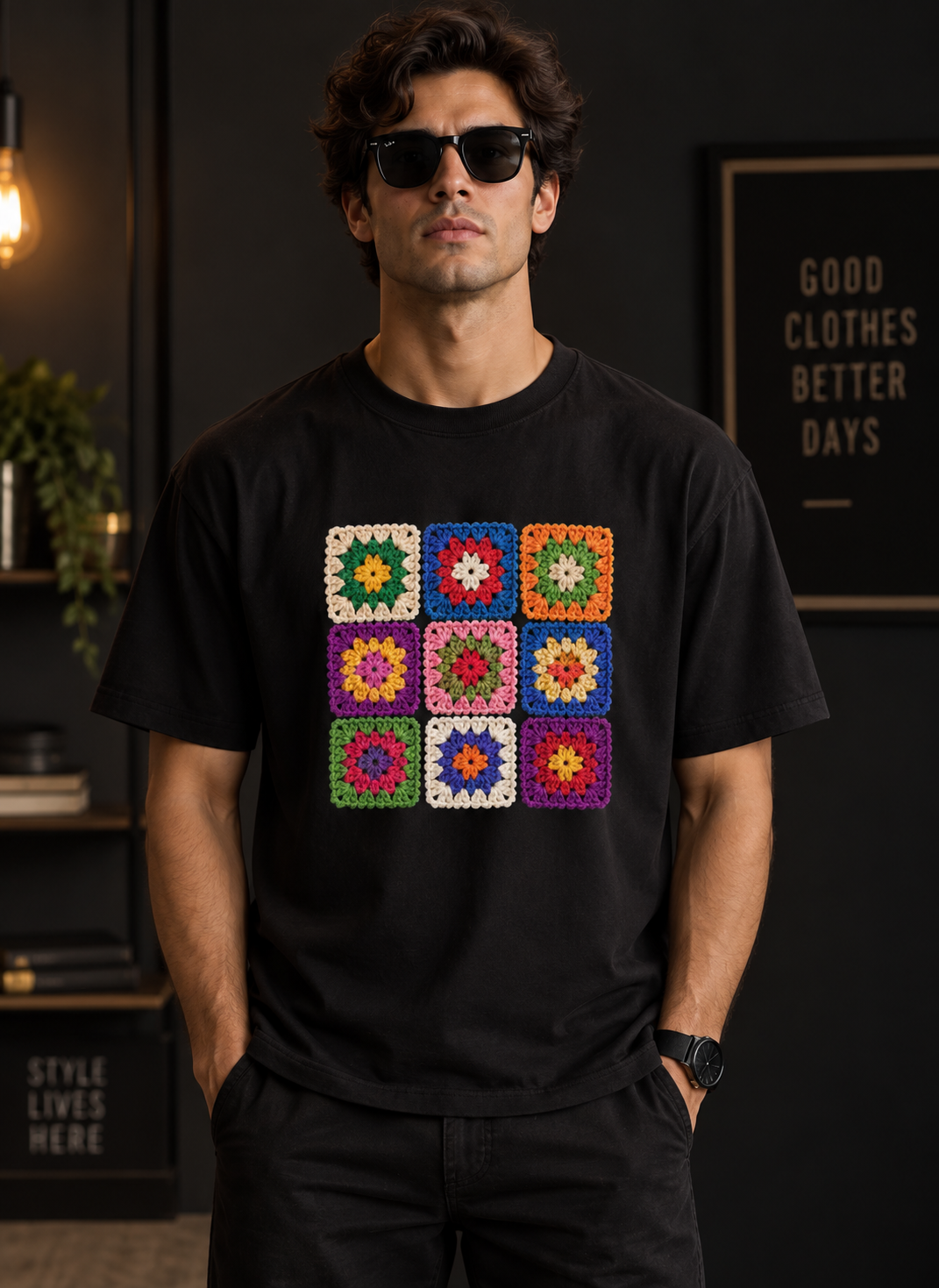 Men’s Crochet Granny Square T-Shirt Multi Color | HH Signature