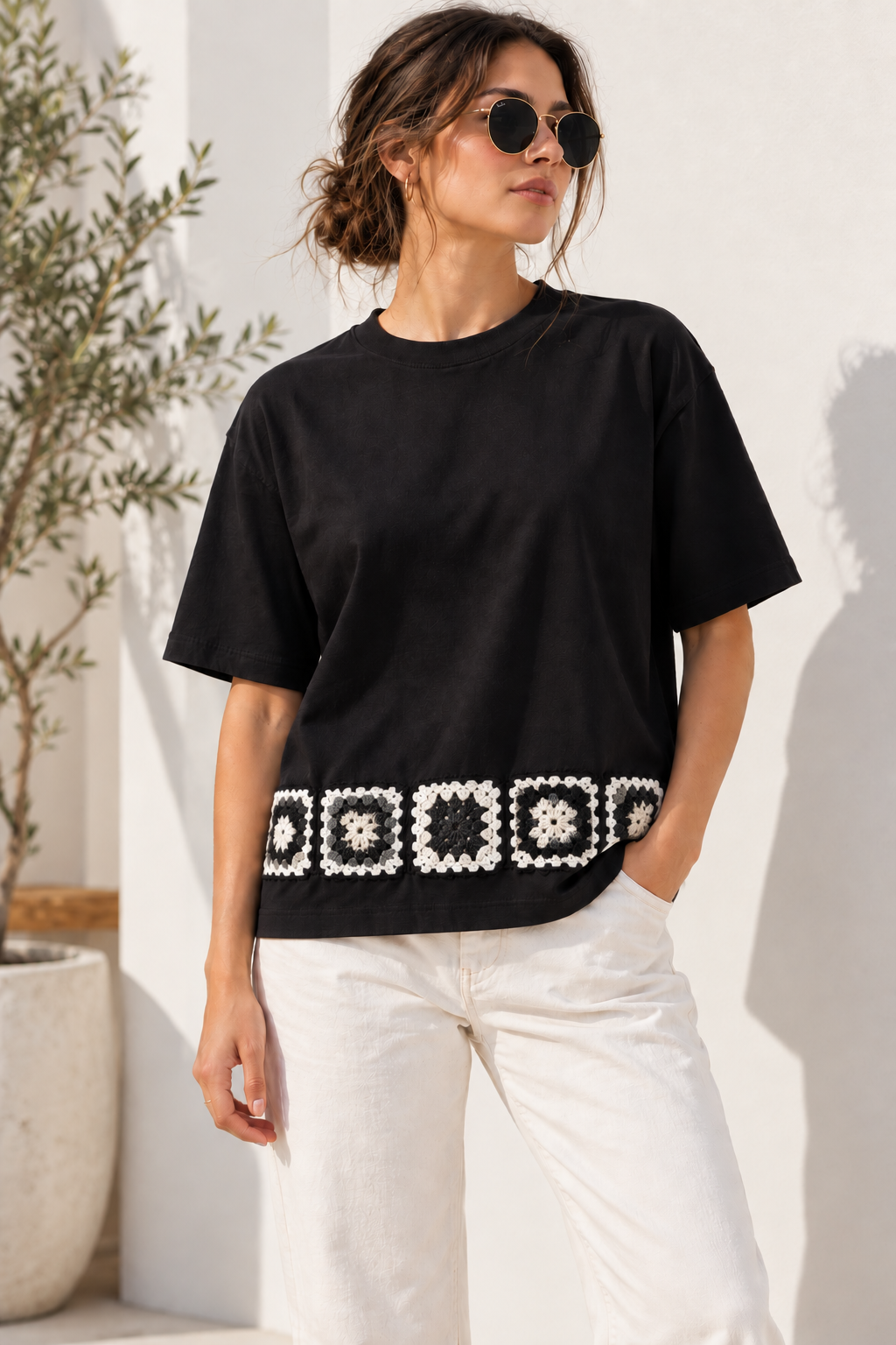 Women’s Granny Crochet Tee Square (Black & White) | HH Signature